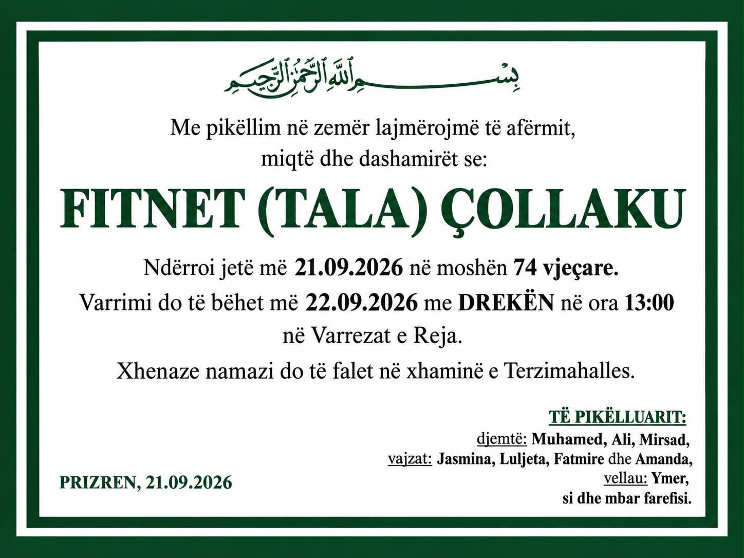 Njoftim për vdekjen