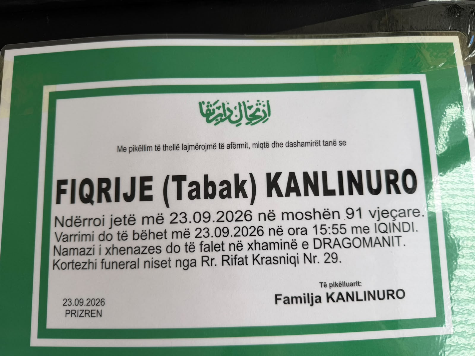 Njoftim për vdekjen