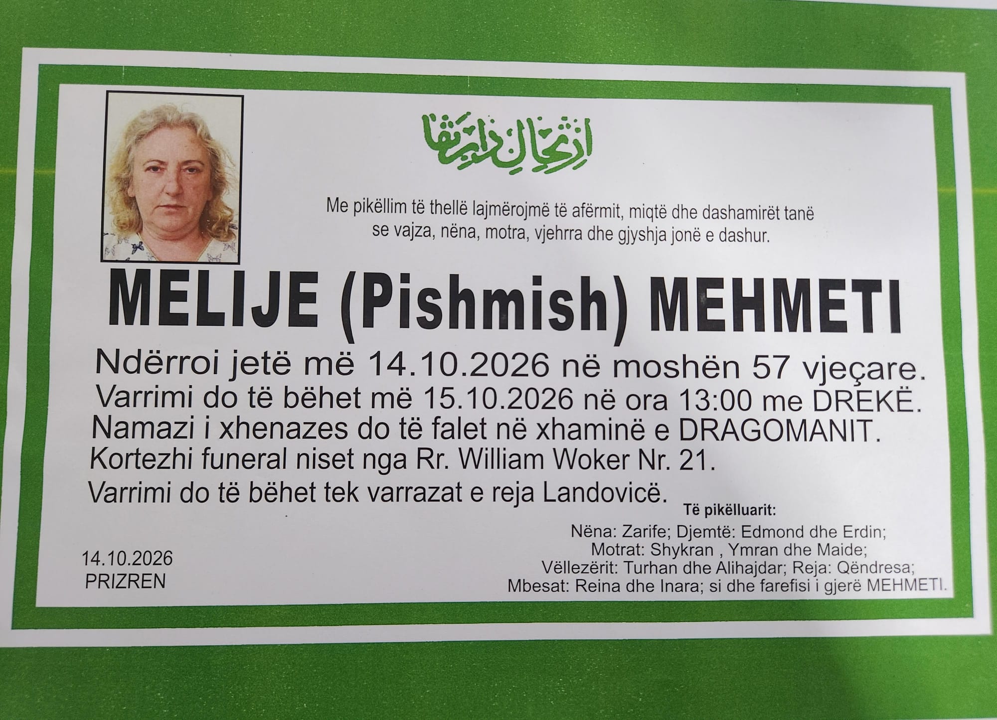 Njoftim për vdekjen